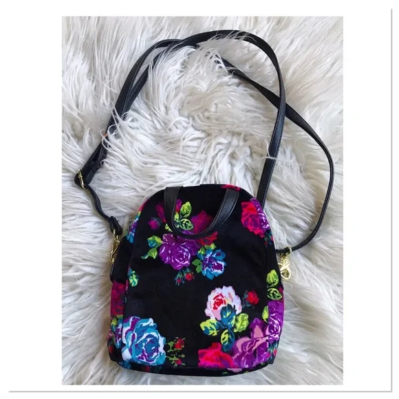Betsey Johnson Mini Crossbody Purse Velvet Black Pink Floral Print - Picture 7 of 7